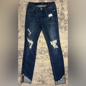 Judy Blue Jeans Mid Rise Skinny Fit Cuffed Distressed Dark Wash Womens Size 1/25